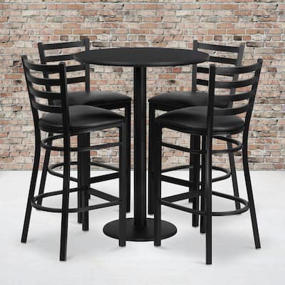 30'' Round Laminate Table Set with Round Base and 4 Ladder Back Metal Barstools