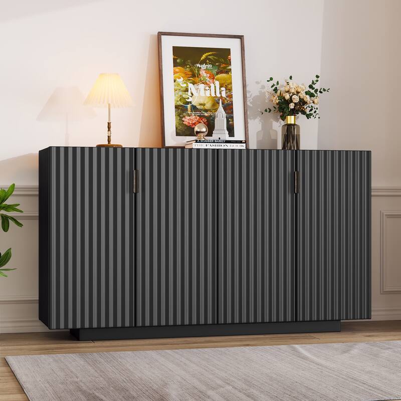 4 Wavy Doors Ample Storage Space Sideboard with Adjustable Shelves - Black