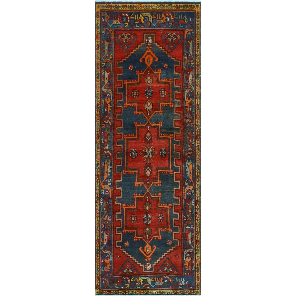 Fine Vintage Distressed Grover Red/Navy Runner - 3'3" x 9'6"