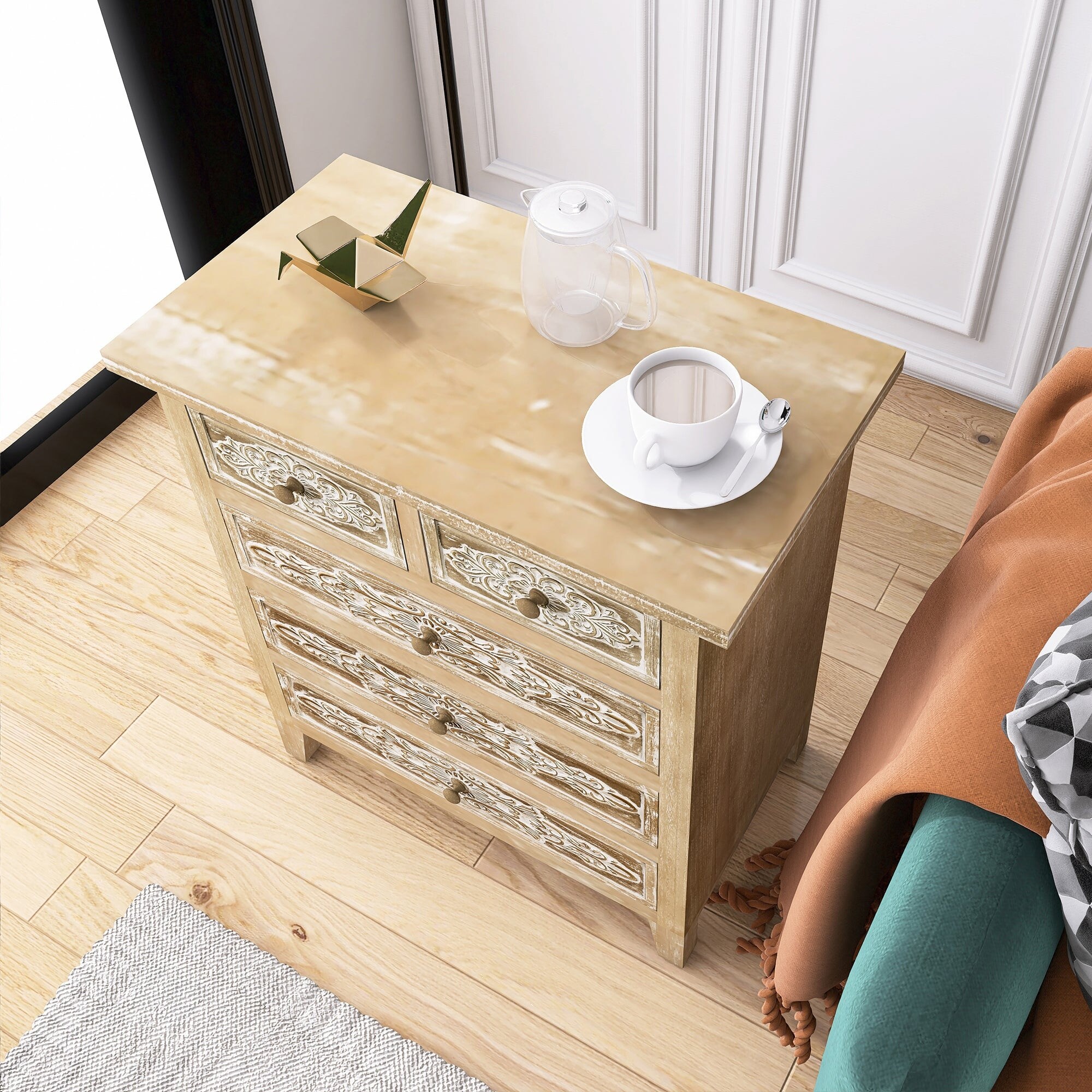 26 Inch 5 Drawers Accent Cabinet in Natural with White Wash 26