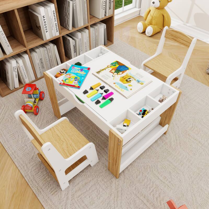Anmytek White Kids 2 in 1 Activity Play Table and 2 Chairs Set with 7 Storage Compartments for Building Blocks