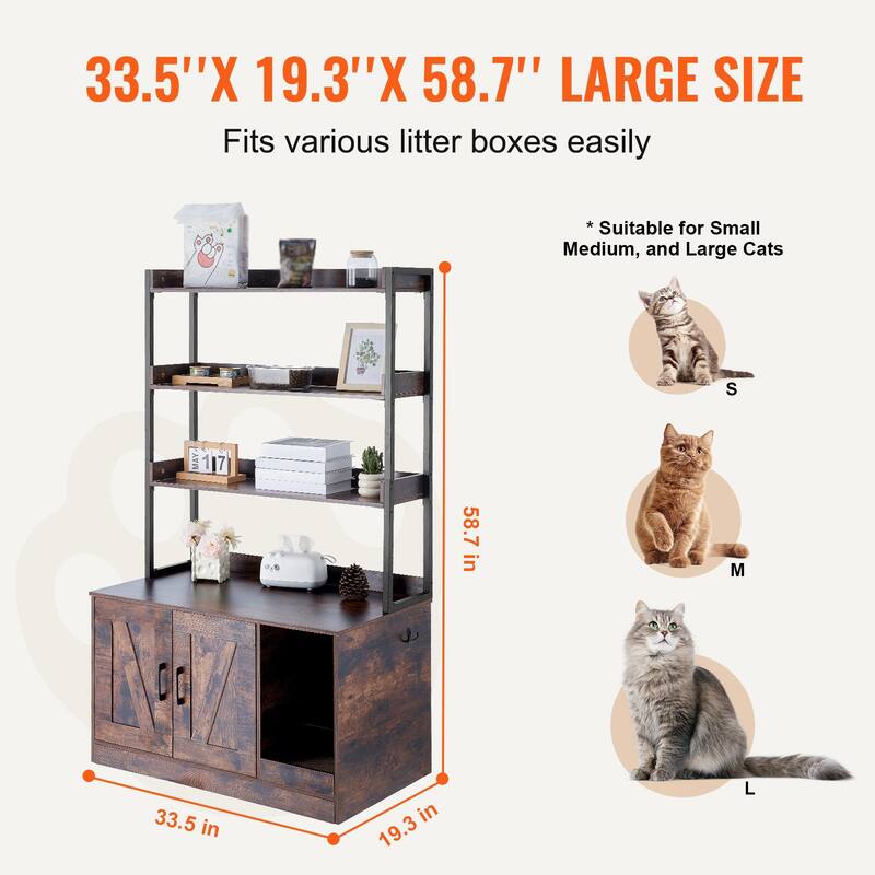 Dark Brown Wooden Cat Litter Box Enclosure Furniture with 3 Shelves and 2 Doors