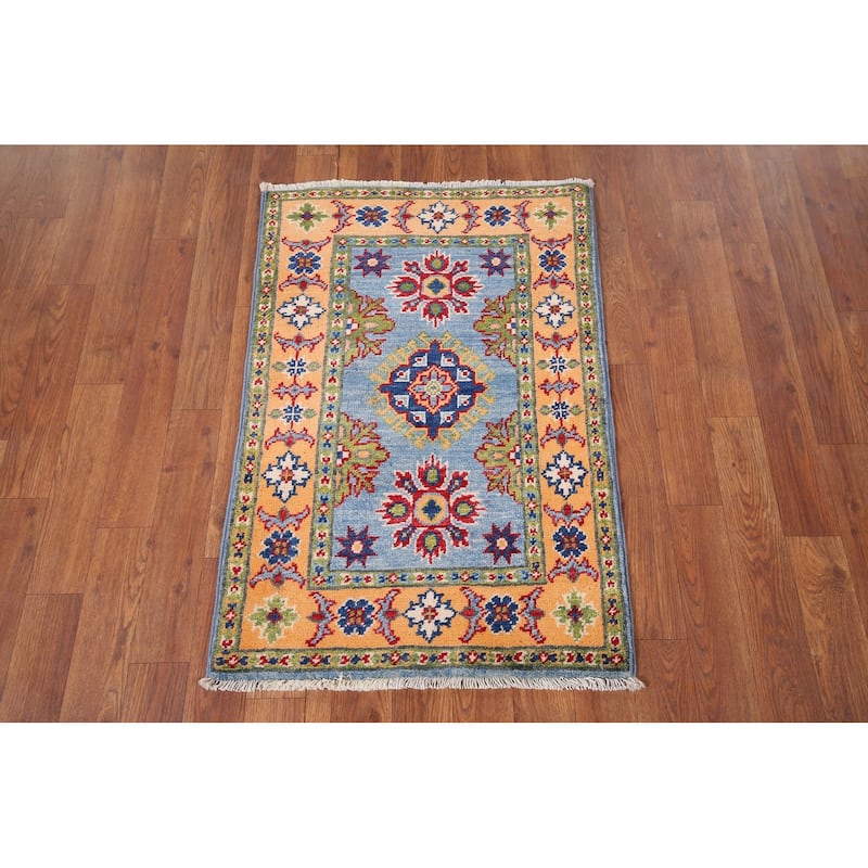 Blue Geometric Kazak Accent Rug Handmade Traditional Wool Carpet - 2'0" x 2'11"