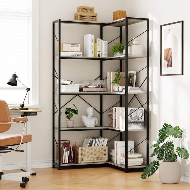 Futzca L-Shaped Corner Bookcase, 5-Tier Wood Bookshelf