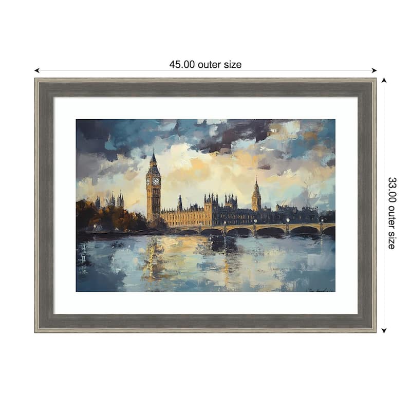 Cityscape and Bridge by Tradelink inhouse artist Wood Framed Wall Art Print - Cottage Grey Silver - 45 x 33 in