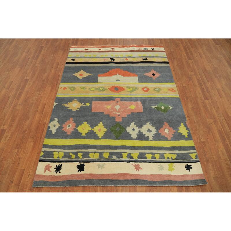 Vegetable Dye Gabbeh Turkish Area Rug Tribal Wool Carpet - 8' 10'' X 6' 0''