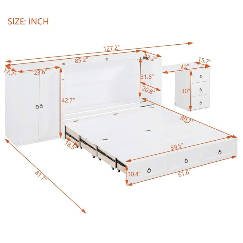 Queen Modern Wooden Murphy Bed with USB Port and Large Drawer(Mattress Not Include)