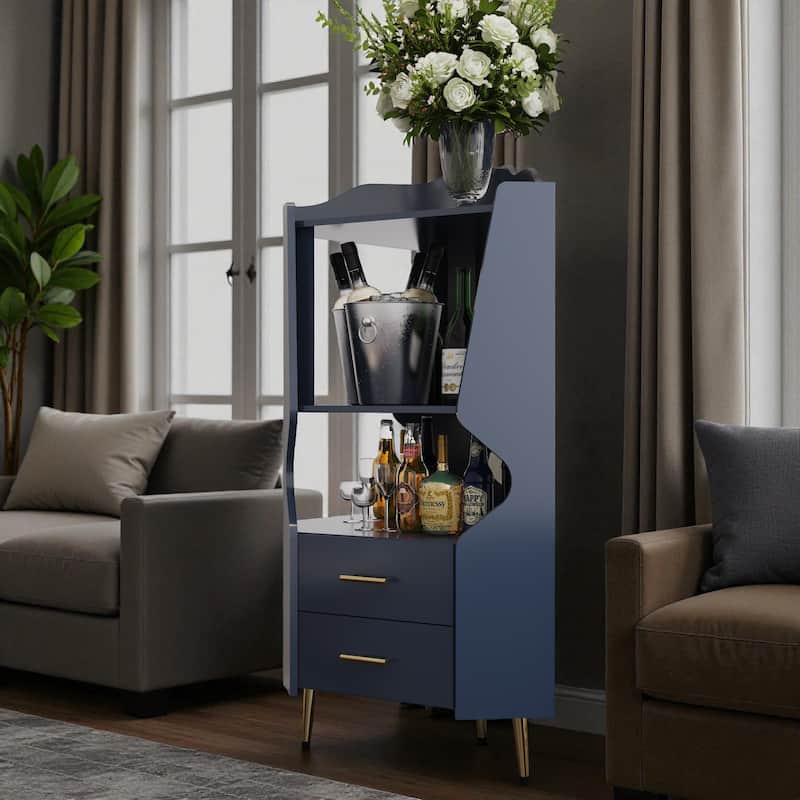 Modern Wooden Corner Bar Cabinet with Mirrored Back, 2 Drawers and Open Shelves, Buffet Sideboard for Dining or Living Room