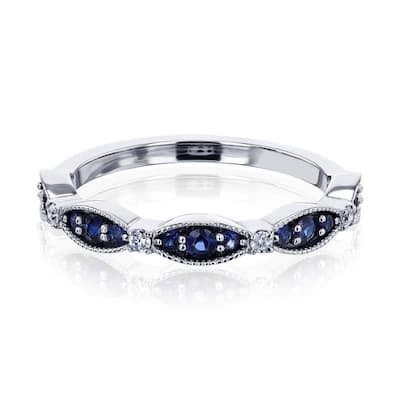 Kobelli Sapphire & Diamond Eyelet 14k Solid White Gold Accented Scallop Floral Spring Band (GH/SI)