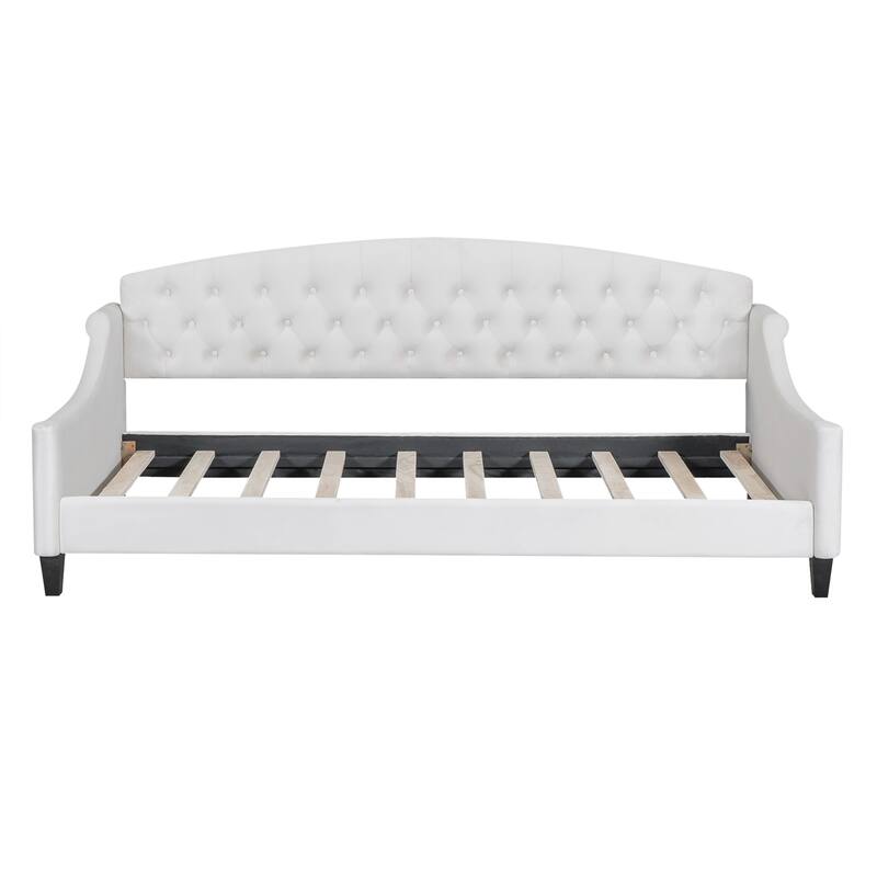 Tufted Button Twin Daybed in Beige - Modern Upholstered Sofa Bed with Wooden Slats