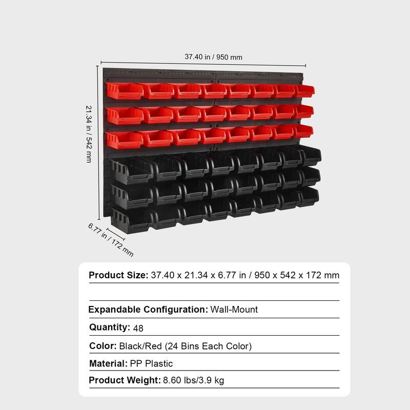 Plastic Wall Mounted 48 Bin Parts Rack Organizer with Wall Panels Perfect for Any Room - 37.40" x 21.34" x 6.77"