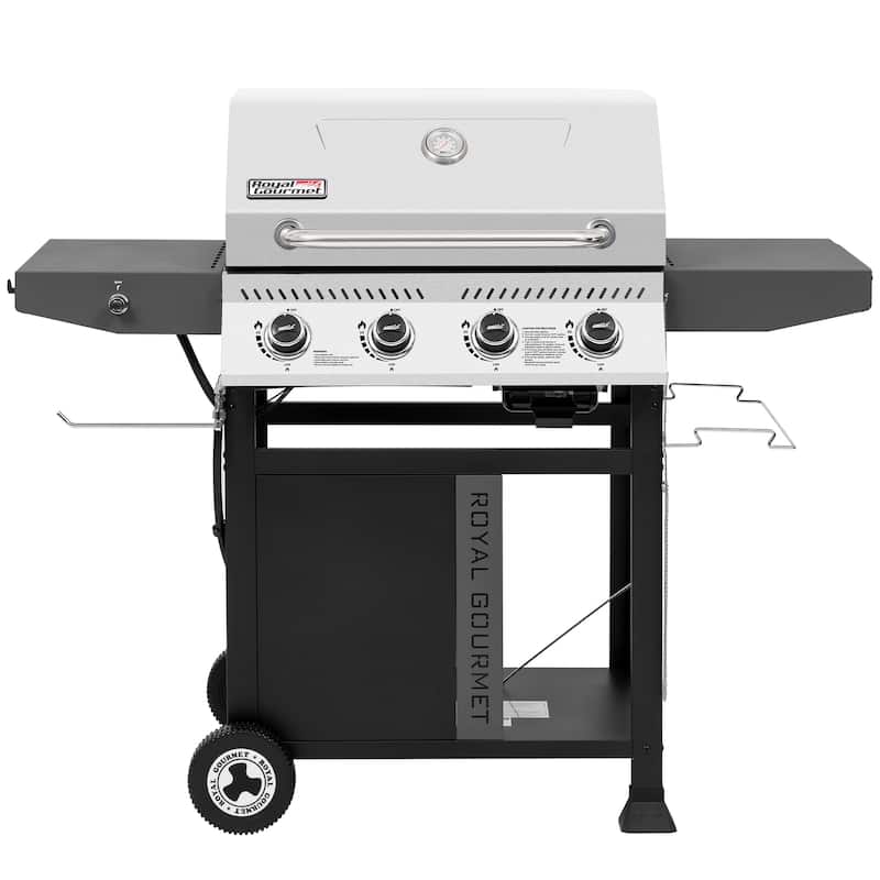 Royal Gourmet 4-Burner Gas Grill with Side Shelves - Silver - Propane Gas