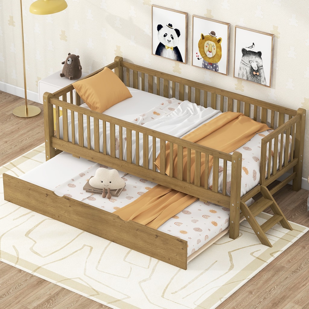 Low Loft Bed Frame with Semi-enclosed Fence and Stairs, Twin Size Daybed Optional with Trundle Bed or Drawers, Wood Platform Bed