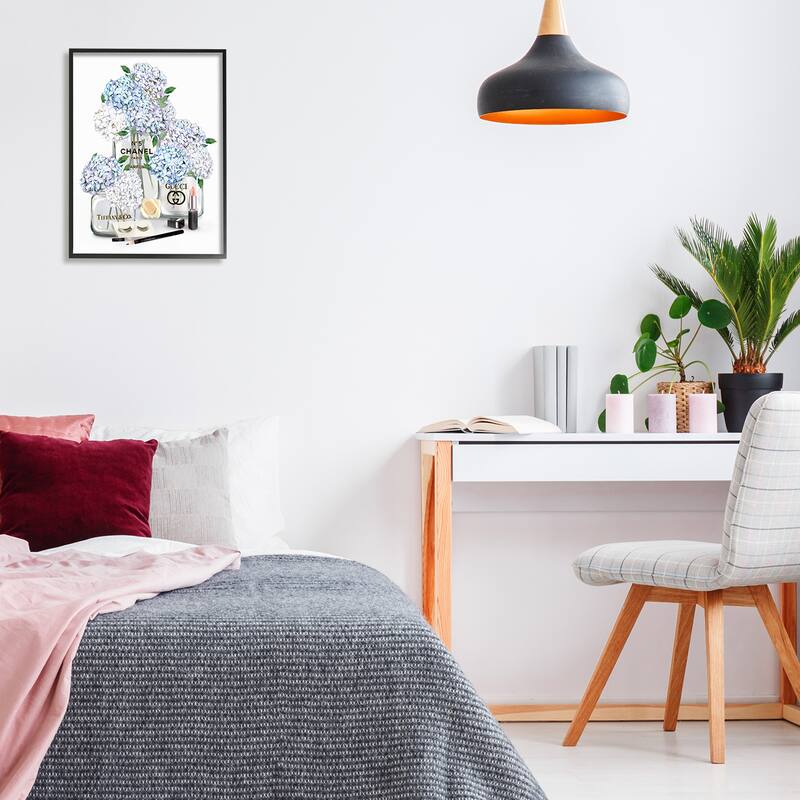Stupell Glam White Blue Hydrangeas Designer Perfume Bottles Lipstick Illustration Framed Wall Art