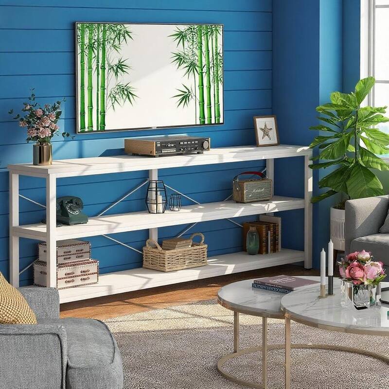 White MDF Sofa Console Table with Metal Legs and 3 Open Shelves - 70.87” L x 11.81” W x 35.83” H