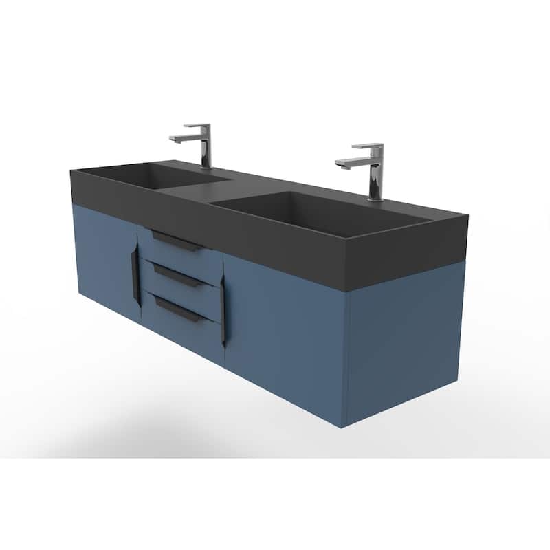 Amazon 60" Wall Mounted Bathroom Vanity Set w/ Black Top