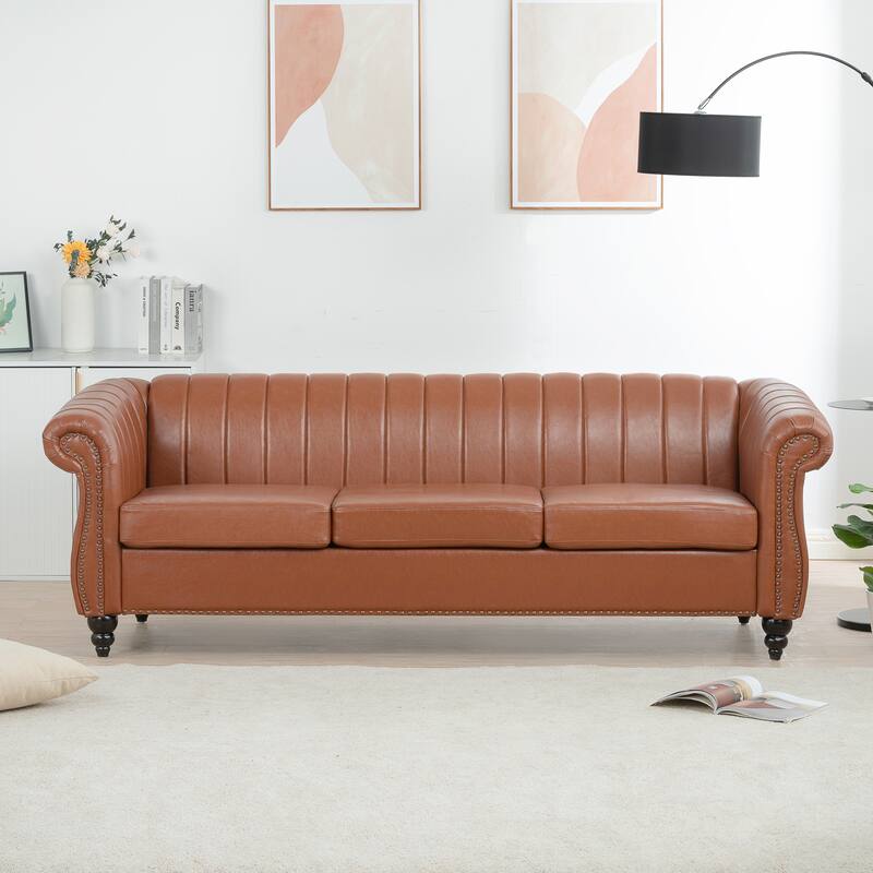 Chesterfield Sofa 83.46" with PU Leather, Quilted Backrest, Birch Legs - Brown