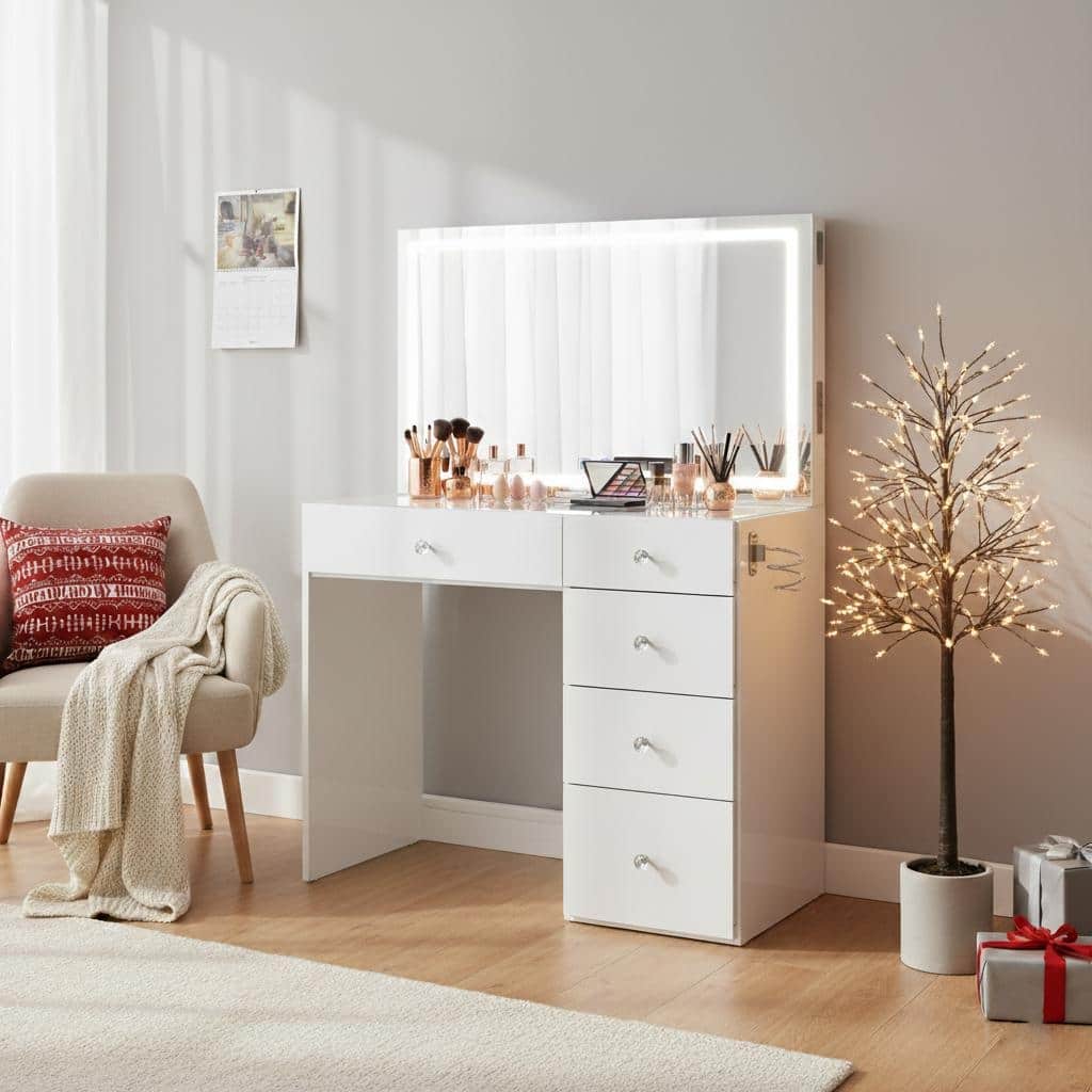 Boahaus Emilia Vanity Desk with Bluetooth Speakers & LED Mirror