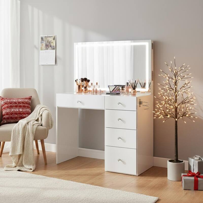 Boahaus Emilia Vanity Desk with Bluetooth Speakers & LED Mirror - White