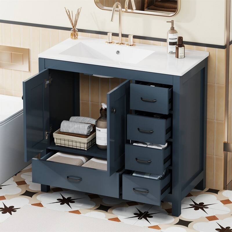 36'' Bathroom Vanity with Ceramic Sink Combo, Modern Bathroom Vanity Cabinet with 2 Soft Close Doors and 5 Storage Drawers