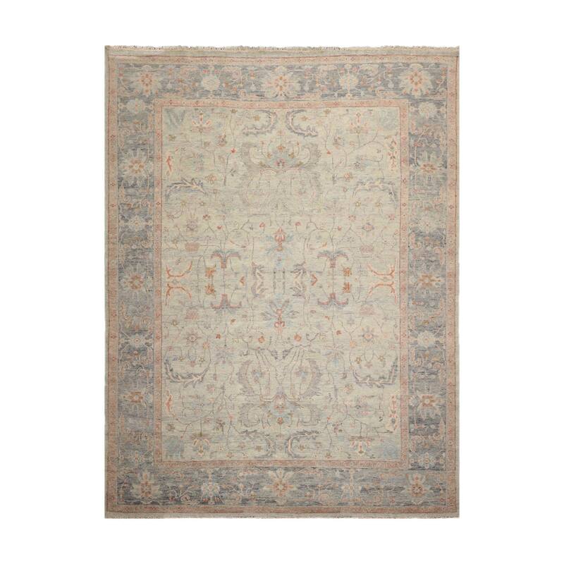 Hand Knotted Aqua, Beige Afghan Wool Traditional Oriental Area Rug - 9' x 12'