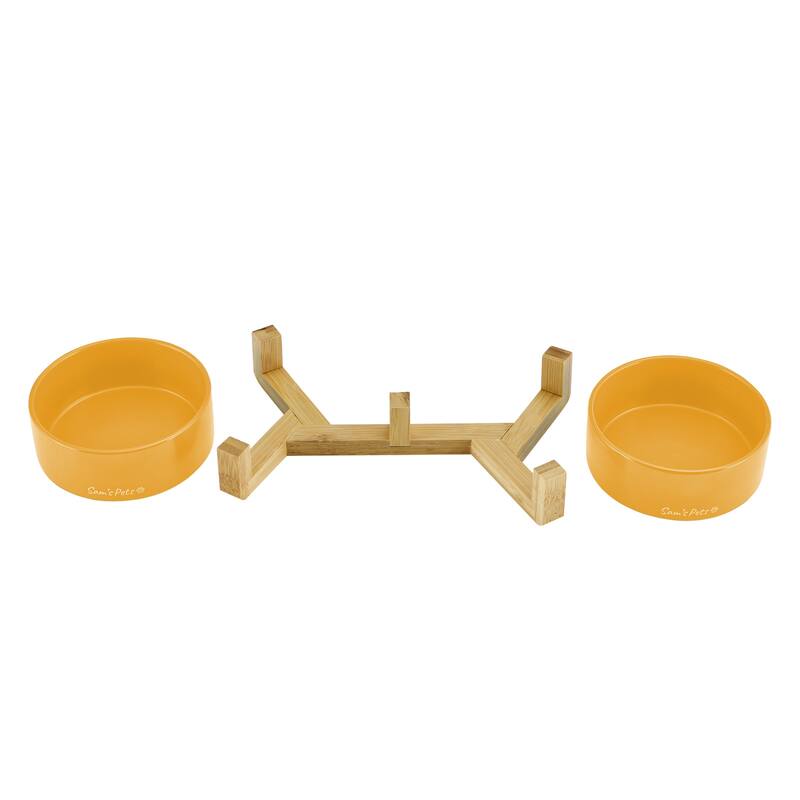 Coco Dual Pet Bowl with Wood Stand 5.11'' in Yellow - 10.8