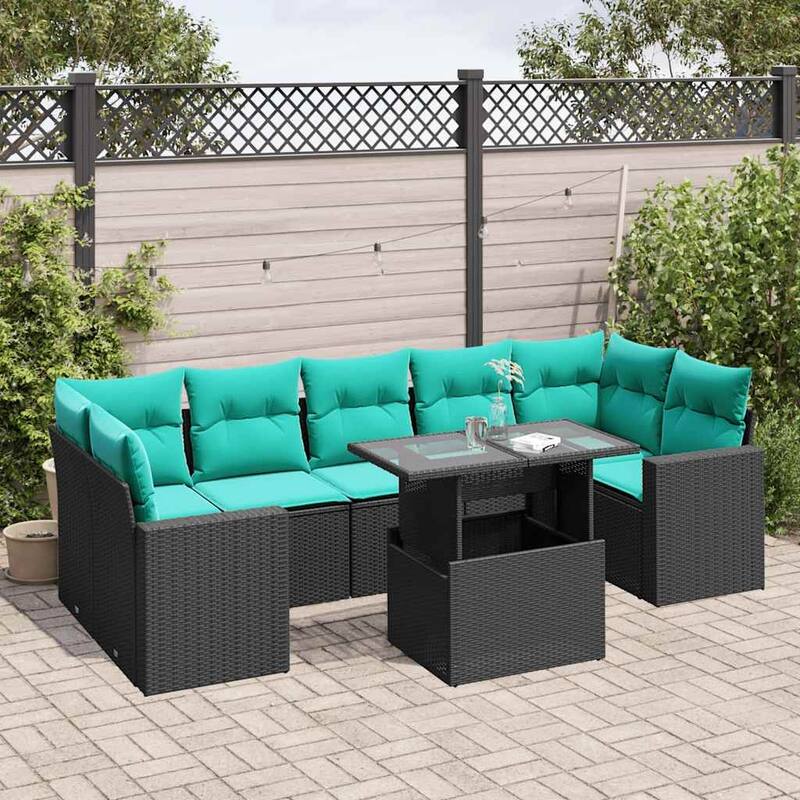 vidaXL Patio Sofa Set with Cushions and Table Outdoor 8 Piece Poly Rattan - 24.4 x 24.4 x 27.2 - Black without storage