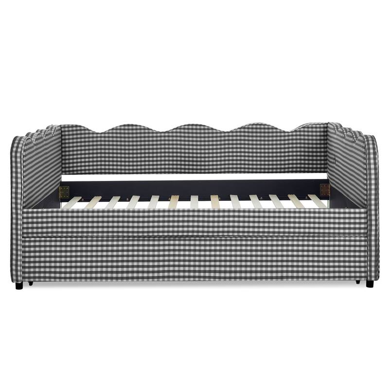 Upholstery Daybed Full Size Sofa Bed with Twin Size Trundle and Charging Ports, Linen Fabric Plaid Pattern and Wavy Silhouette