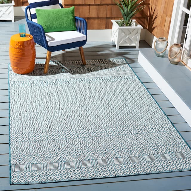SAFAVIEH Courtyard Terezija Indoor/ Outdoor Waterproof Patio Backyard Rug - 9' x 12' - Ivory/Aqua