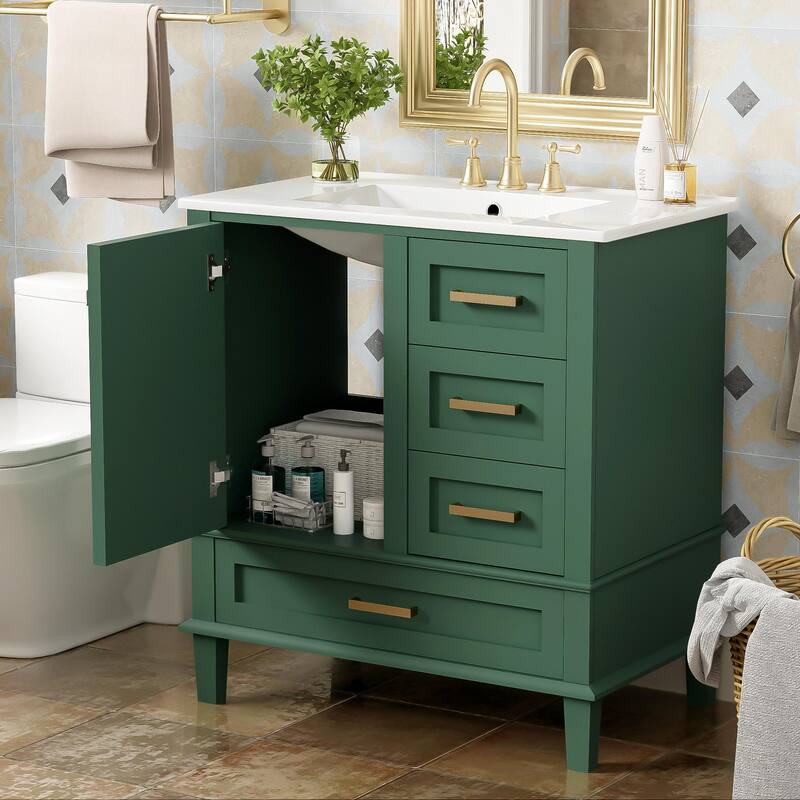 Bathroom Vanity with Ceramic Undermount Sink, Solid Wood Frame, Soft-Close Drawers & Doors, and Gold Handles