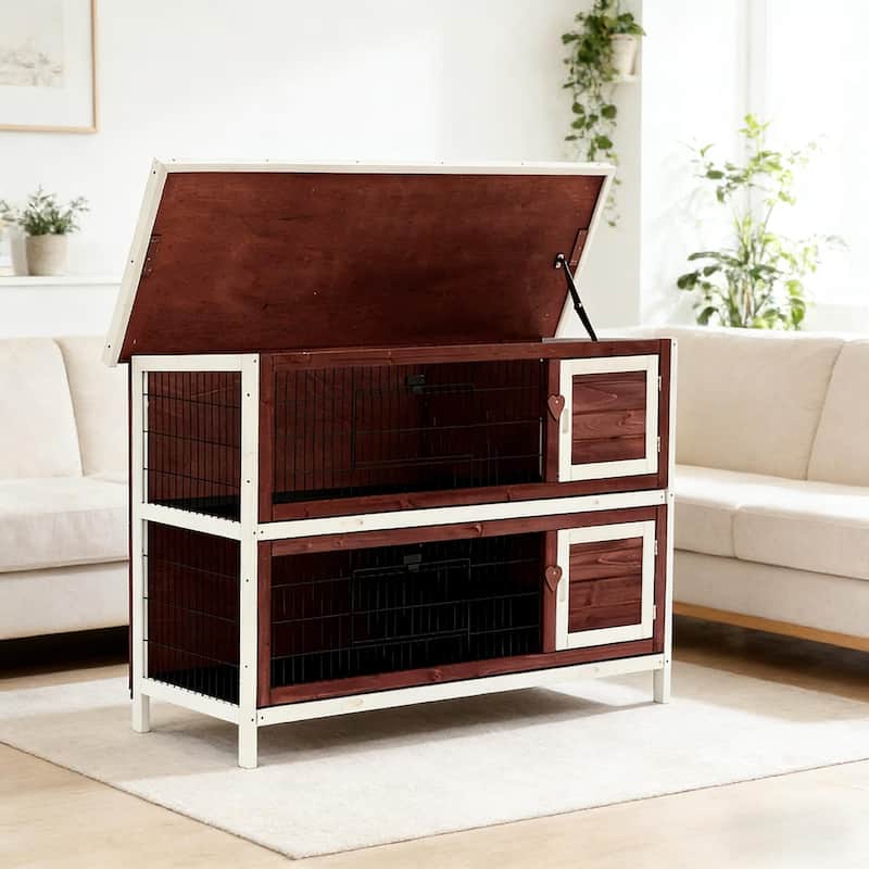 Small Animal Hutch Cage,Pet House,Elevated Rabbit Hutch is designed for convenient cleaning - Brown,White