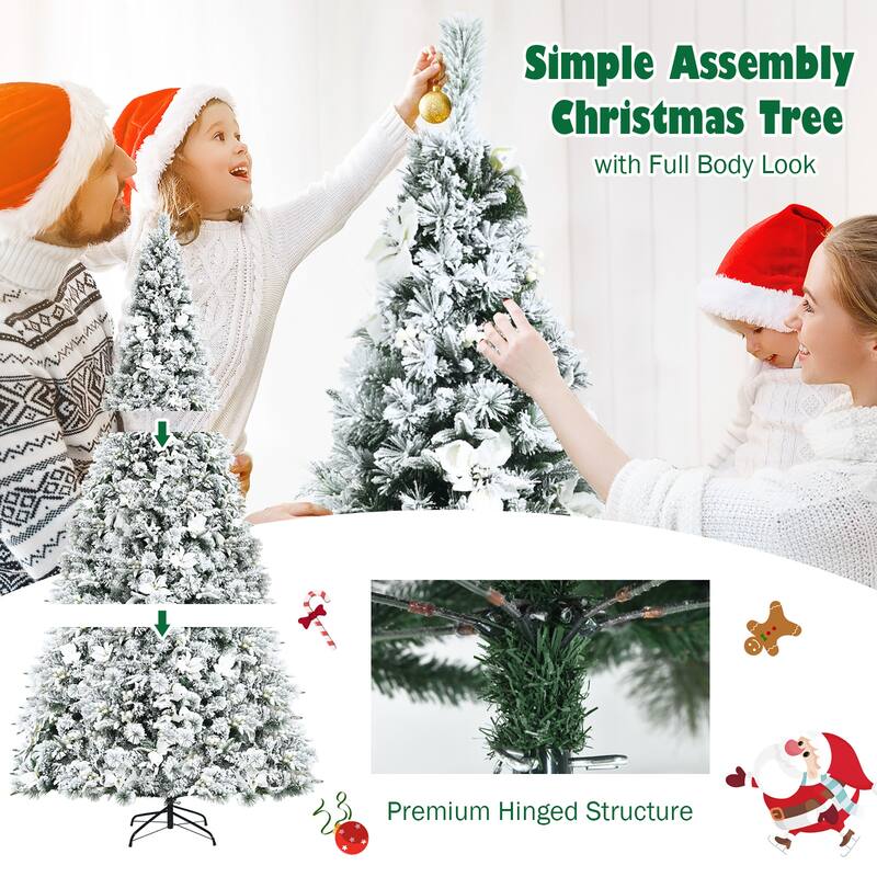 Costway 8ft Snow Flocked Hinged Christmas Tree w/ Berries & Poinsettia - See details