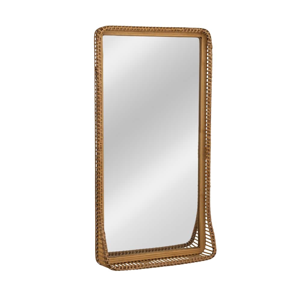 Wood and Rattan Mirror with Shelf