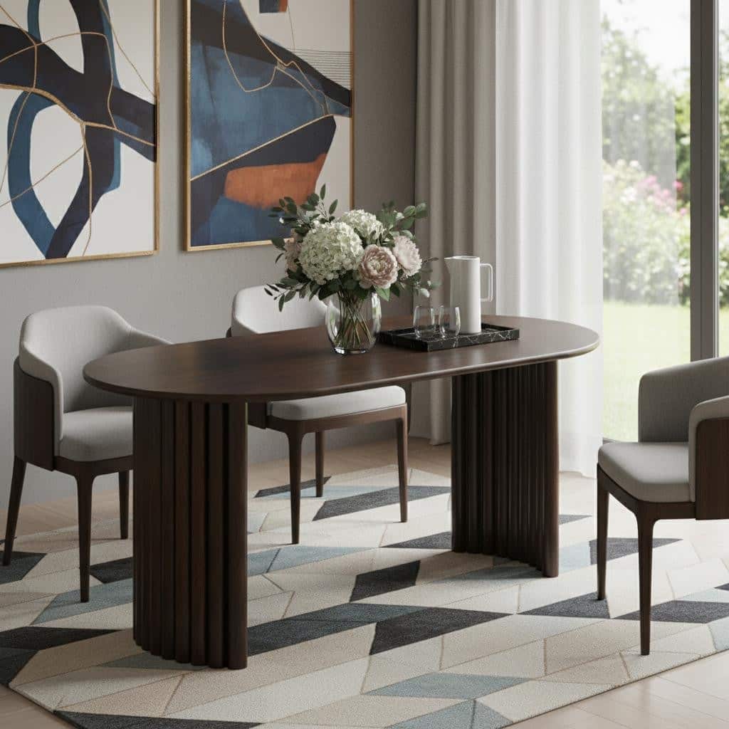 HomeRoots 67" Walnut Solid Wood Double Pedestal Base Oval Dining Table - 67.00 in. x 30.00 in. x 33.50 in.