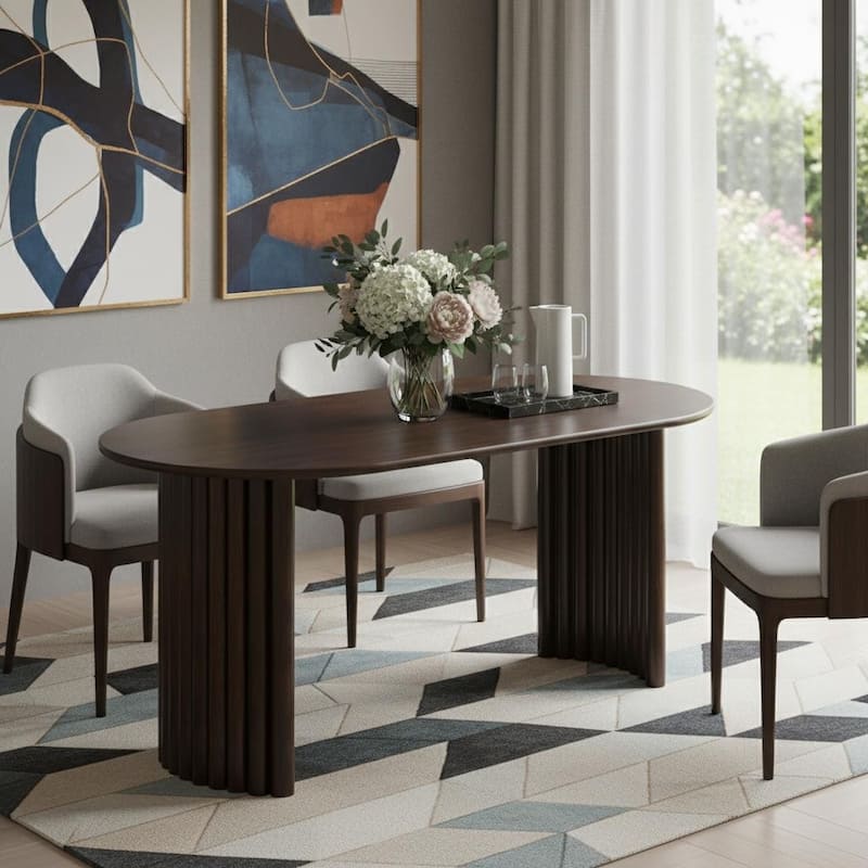 HomeRoots 67" Walnut Solid Wood Double Pedestal Base Oval Dining Table - 67.00 in. x 30.00 in. x 33.50 in. - Walnut - 67.00 in. x 30.00 in. x 33.50 in.