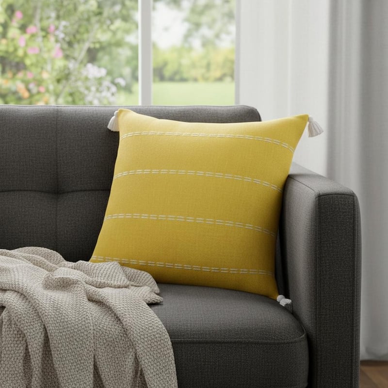 20" X 20" Mustard Linen Striped Zippered Pillow - Polyester - Single - 20.00 in. x 20.00 in. x 4.00 in. - Pillow Sets - Mustard