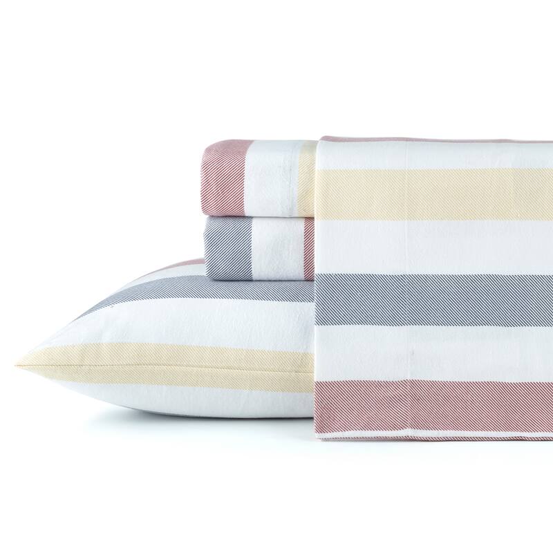 Pointehaven Printed Cotton 180 GSM Deep Pocket Oversized Brushed Flannel Sheet Set - Cabana Stripe - Twin