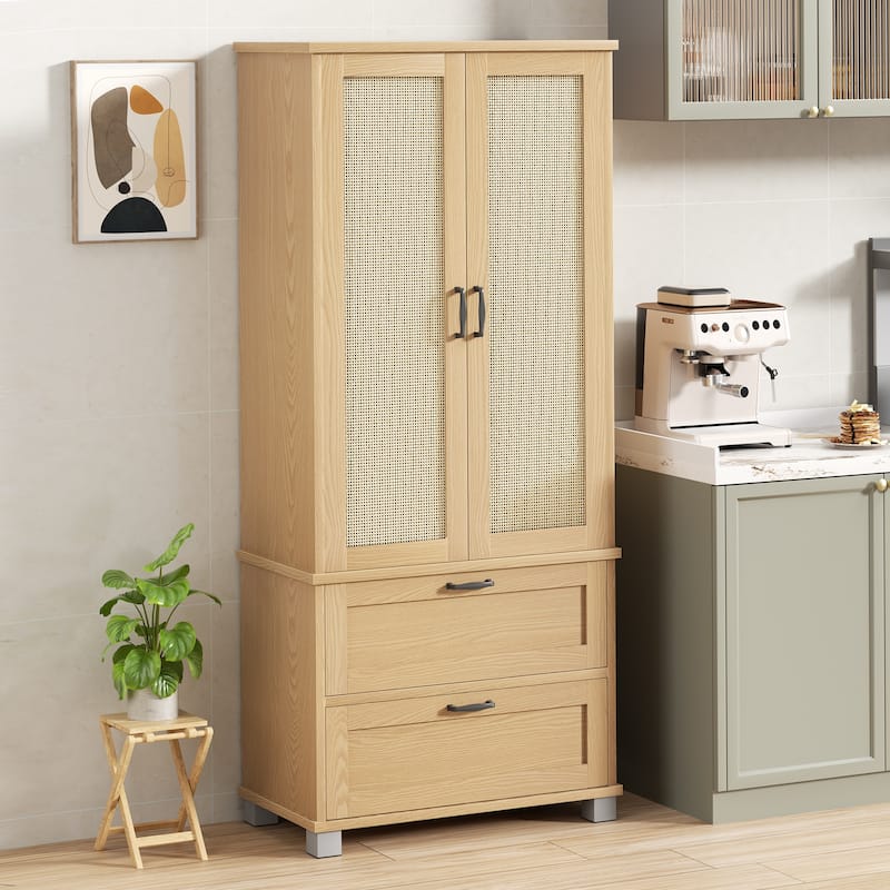 Rattan Door Pantry Storage Cabinet with Wine Rack - Freestanding Storage Organizer with Anti-Tip - Wood Color