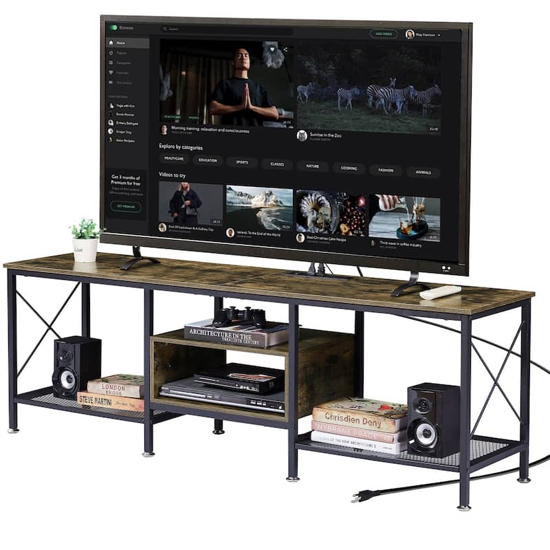 VECELO Wood TV Stand with Charging Station,Storage Shelves Entertainment Center TV Cabinet