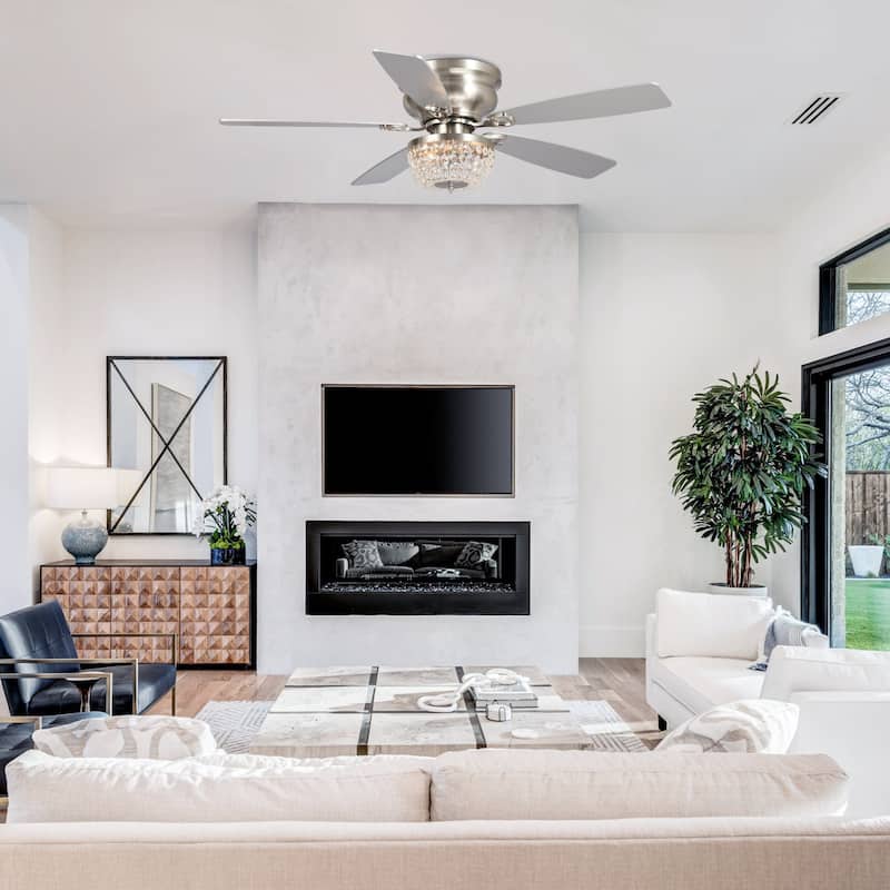 48" Polished Nickel Low Profile Crystal Ceiling Fan with Light and Remote