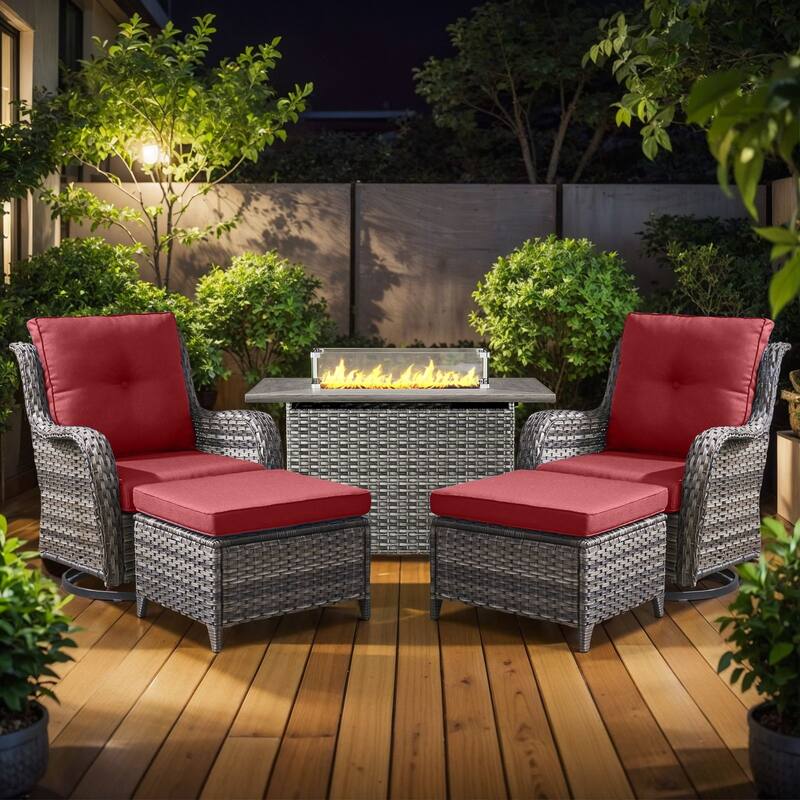 Fire Pit Table with Patio Glider Chairs Ottomans - Grey - Red