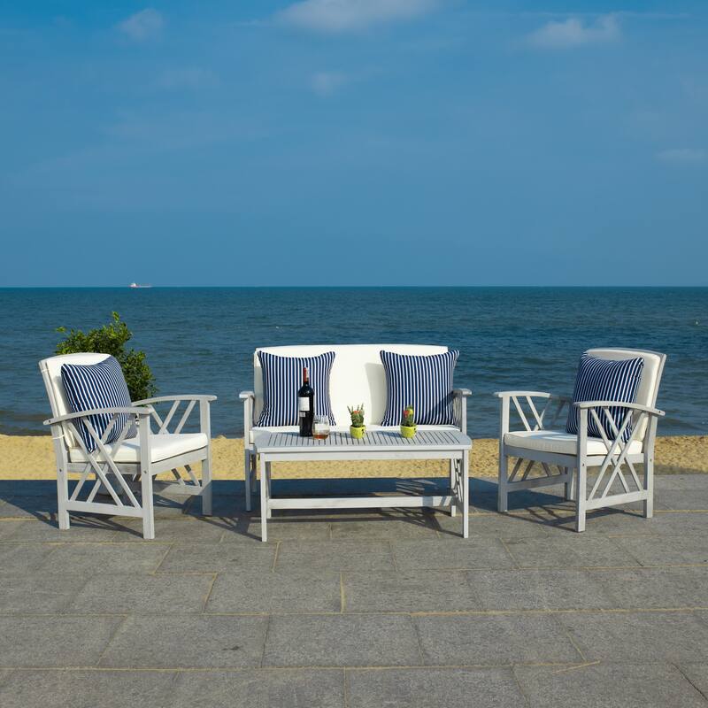 SAFAVIEH Outdoor Fontana 4-piece Acacia Wood Patio Conversation Set - Grey/ Beige with Navy/White Pillows