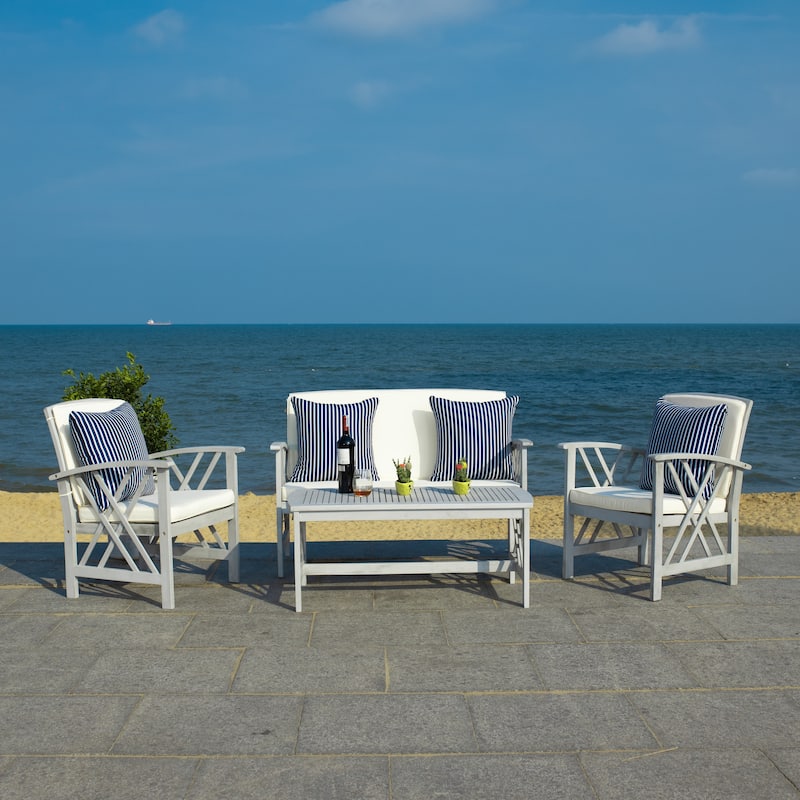 SAFAVIEH Outdoor Fontana 4-piece Acacia Wood Patio Conversation Set - Grey/ Beige with Navy/White Pillows