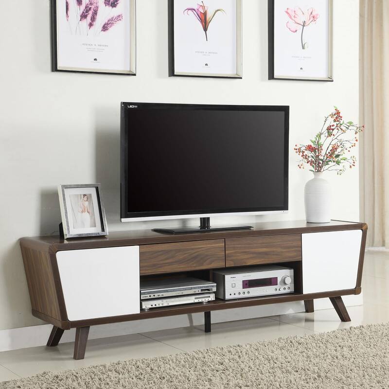 Mid-Century Modern TV Console in Dark Walnut & Glossy White, 2-Drawer Storage for TVs Up to 70" - Walnut