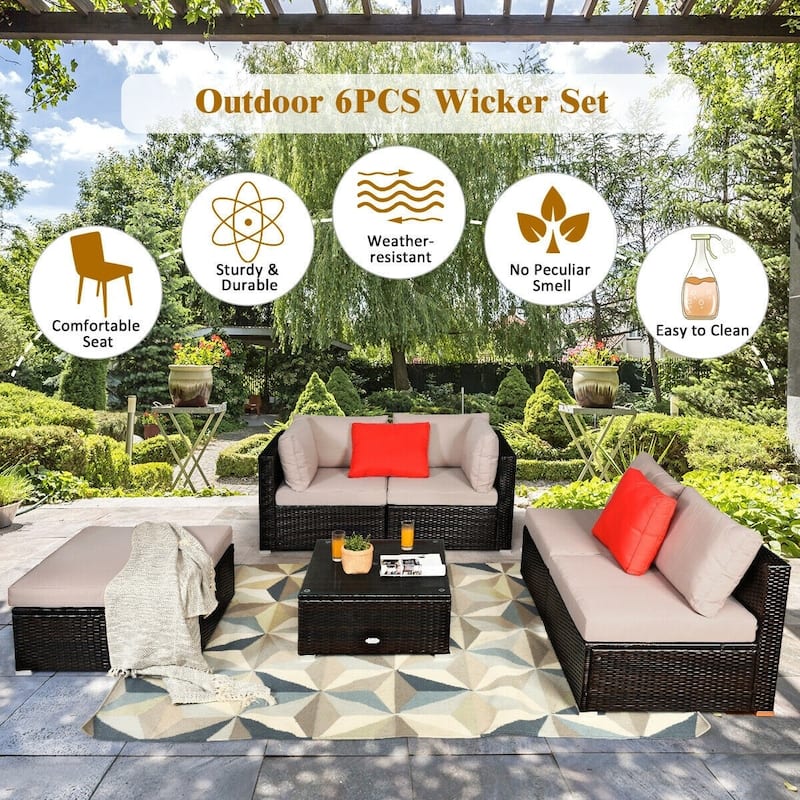 6 Pieces Outdoor Patio Rattan Furniture Set Sofa Ottoman with Coffee Table - 30'' x 30'' x 26''(L x W x H)