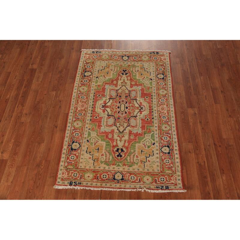Orange & Green Heriz Serapi Vegetable Dye Rug Handmade Wool Carpet - 3'1"x 5'0"