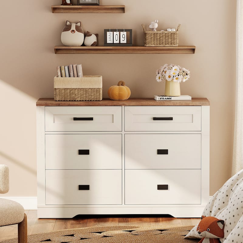 WAMPAT Dresser for Bedroom, Mid Century Modern Closet Storage Organizer - Antique White - 6-drawer