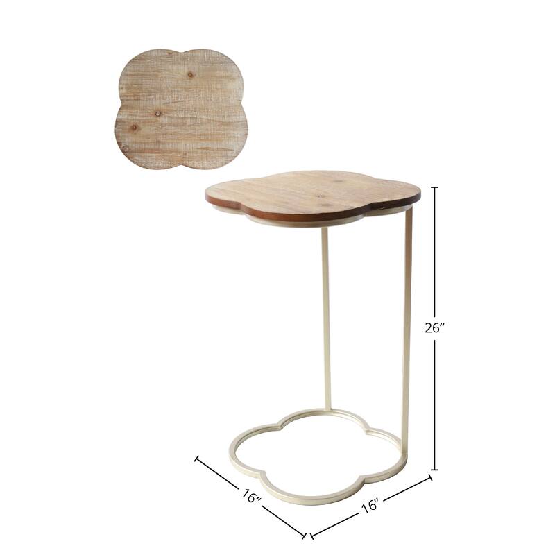 C-Shaped Quatrefoil Metal End Table, Natural Wood (Set of 2)