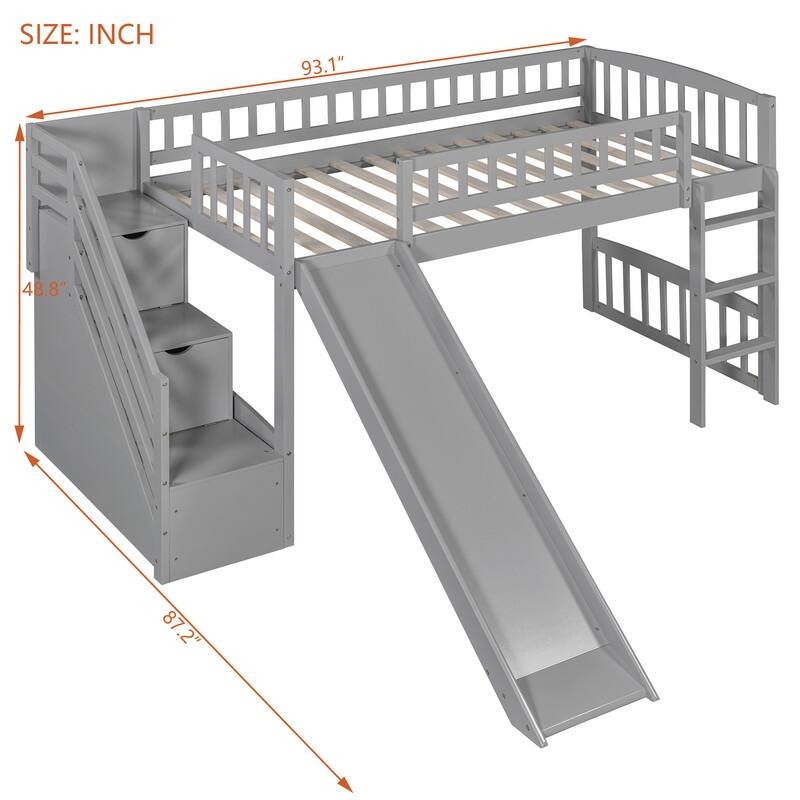 Twin Size Loft Bed with Two Drawers, Stairway and Slide