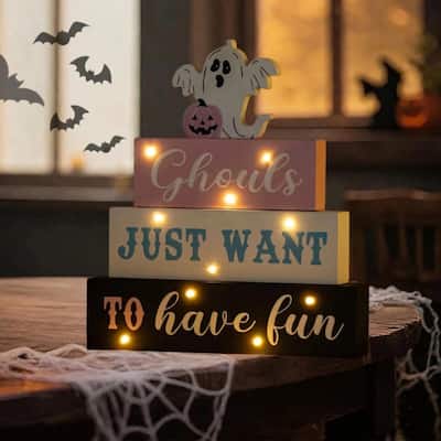 Glitzhome 11.75"H Wooden Ghost Block Word Sign with LED Lights Halloween Table Decor